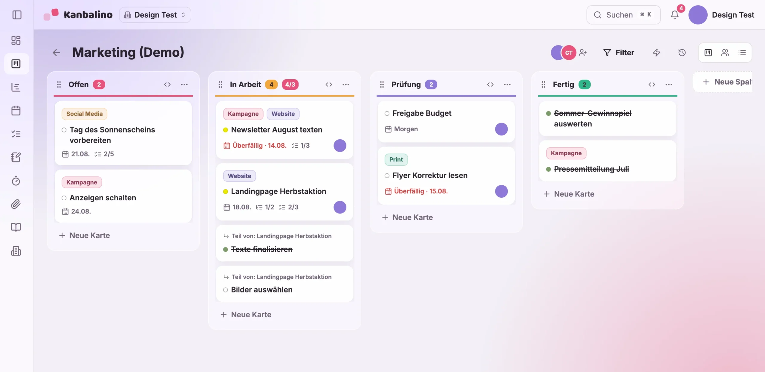 Kanban-Board mit vier Spalten, Karten mit Labels, Terminen und zugewiesenen Personen