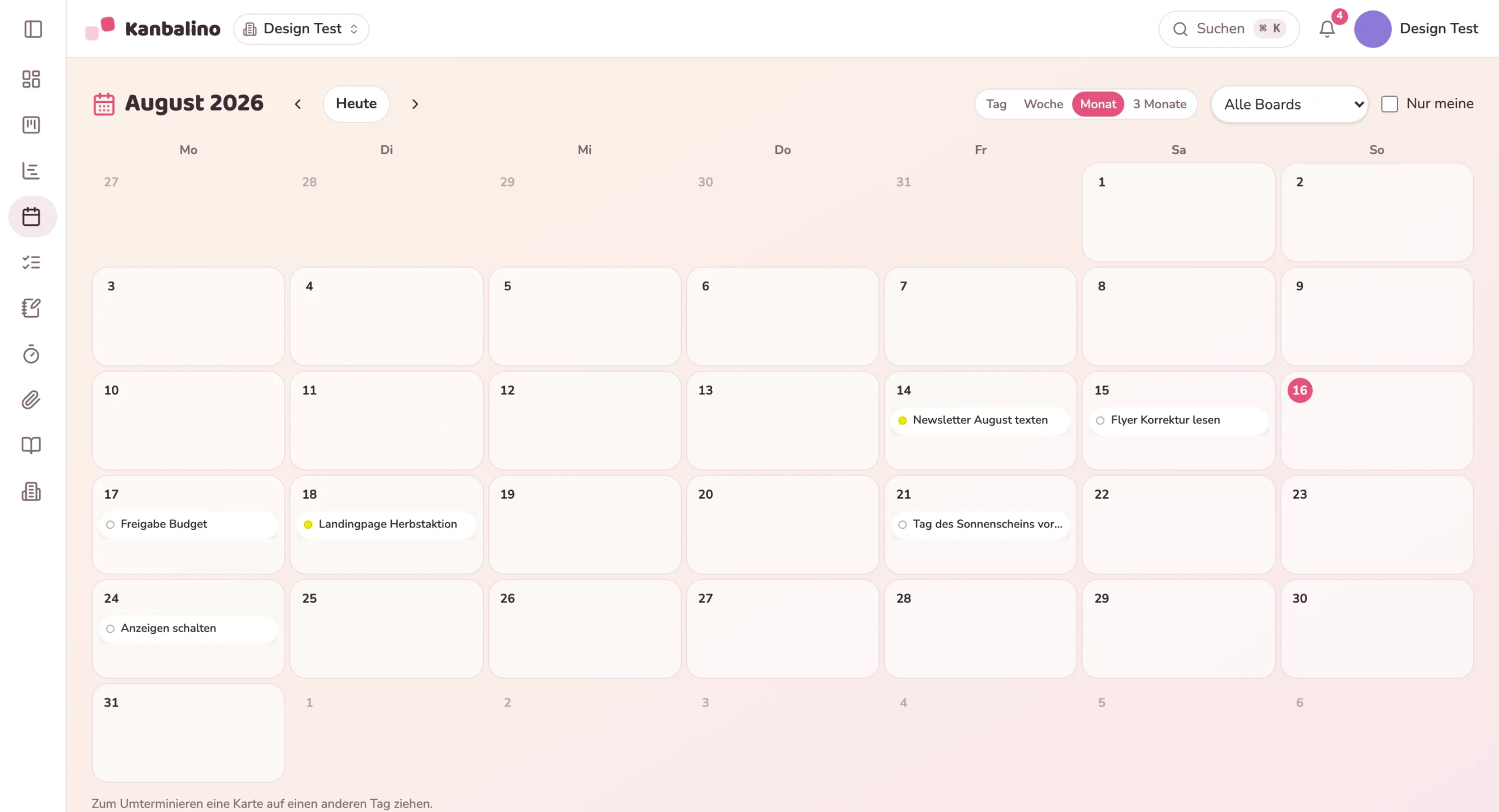 Monatskalender mit faelligen Aufgaben, die sich per Ziehen umterminieren lassen