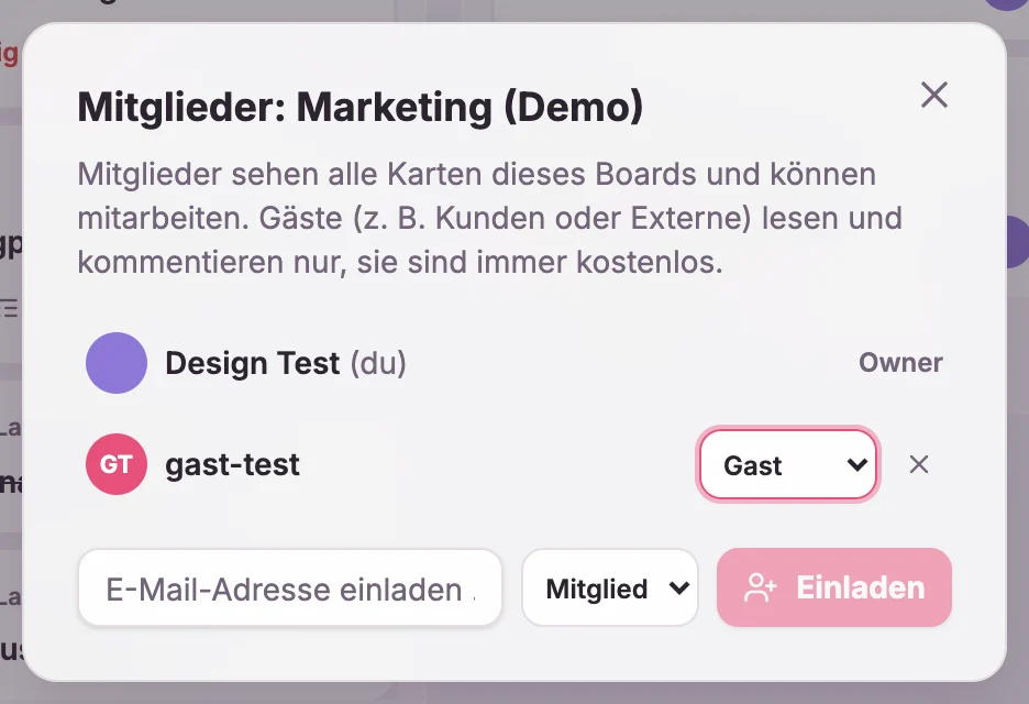 Dialog zum Einladen von Mitgliedern und kostenlosen Gästen auf ein Board