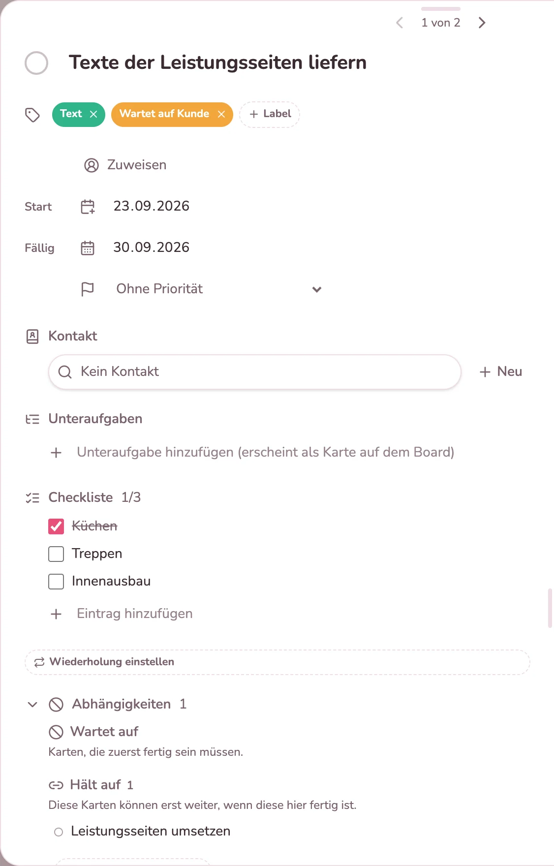 Karte mit Checkliste, Label und Abhängigkeit