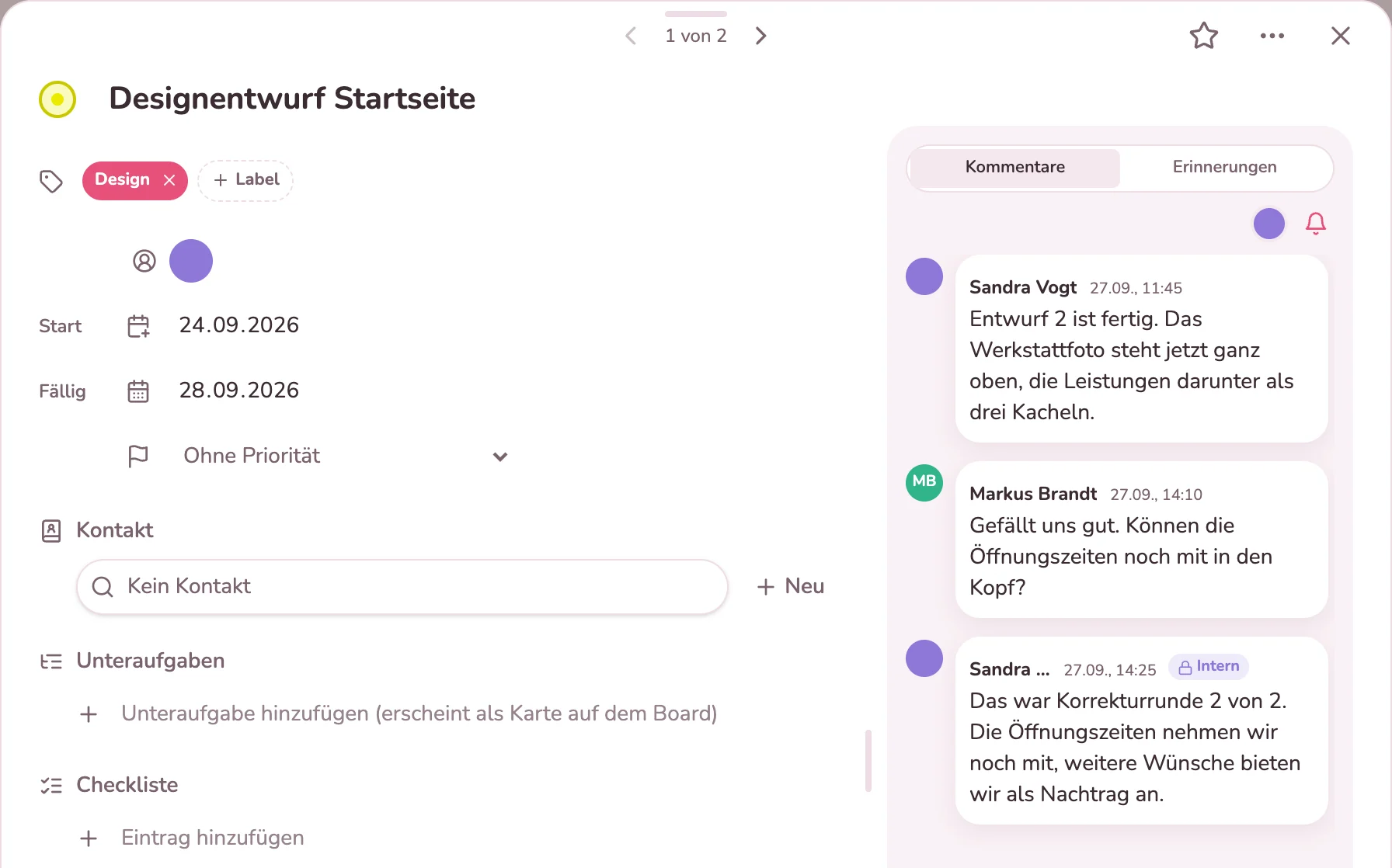 Karte mit Rückmeldung des Kunden und interner Notiz