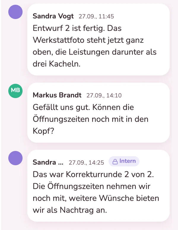Rückmeldung des Kunden und interne Notiz an der Karte