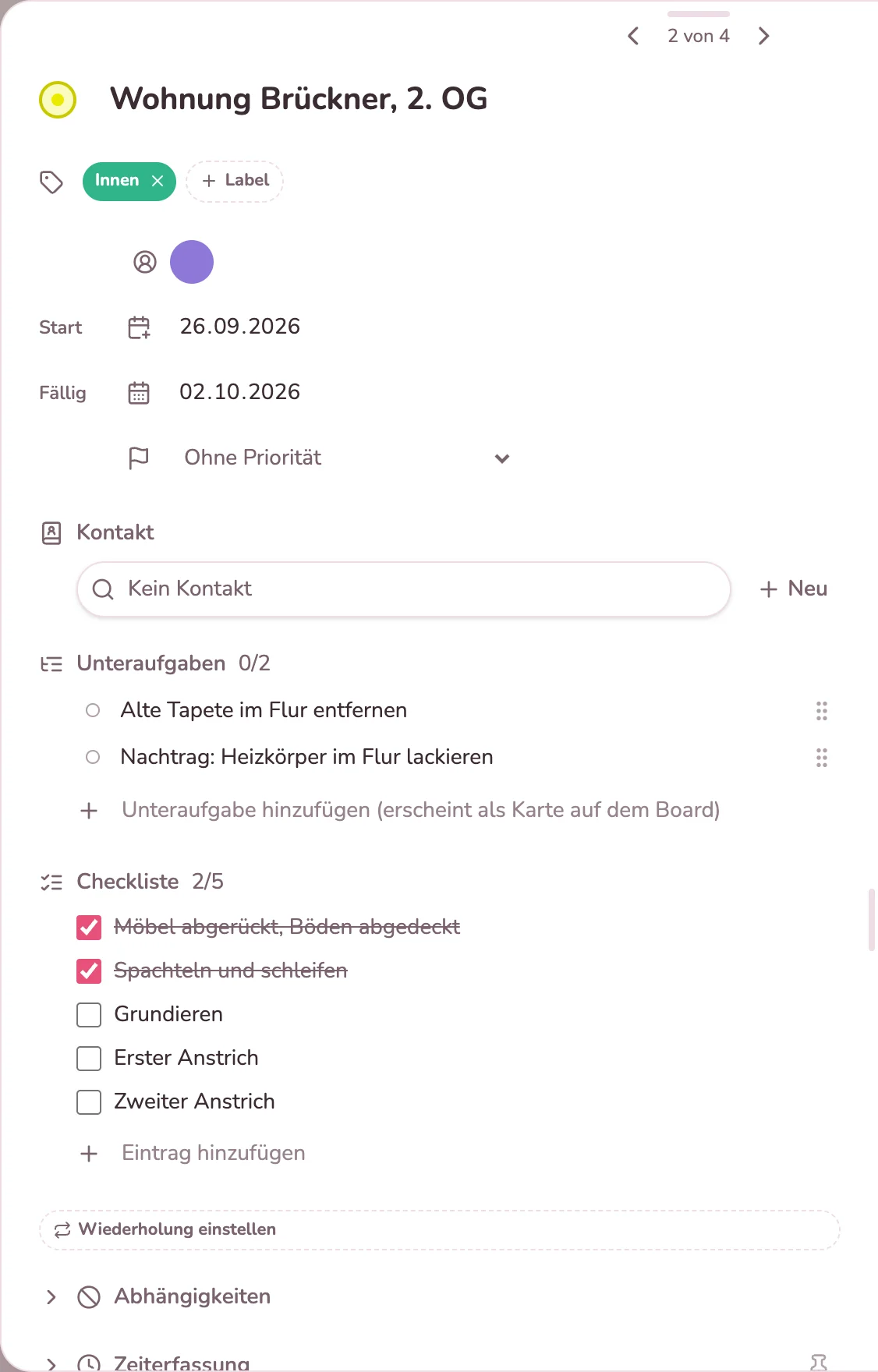 Auftragskarte einer Wohnung mit Checkliste und zwei Unteraufgaben