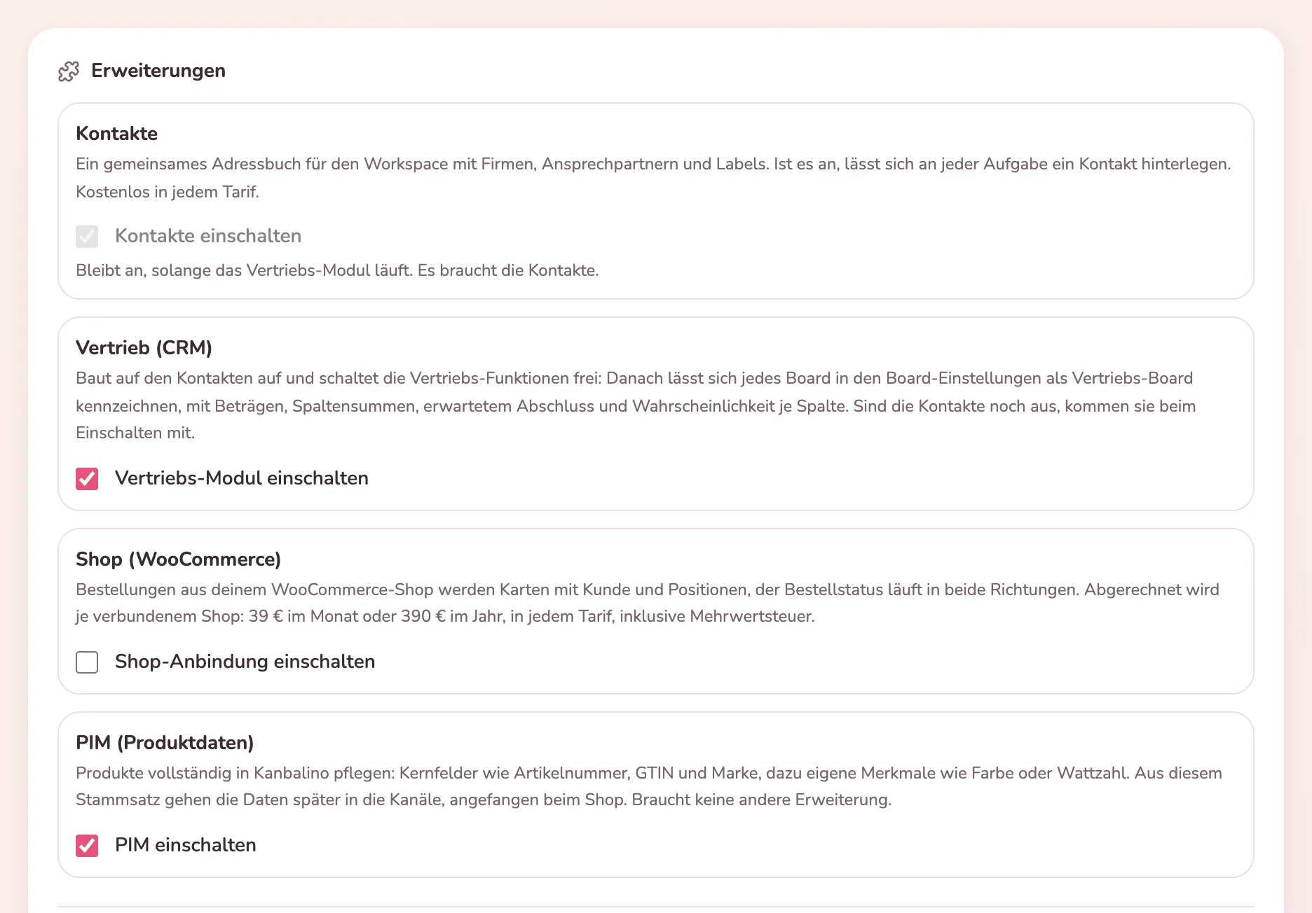 Erweiterungen Kontakte, Vertrieb, Shop und PIM zum Einschalten