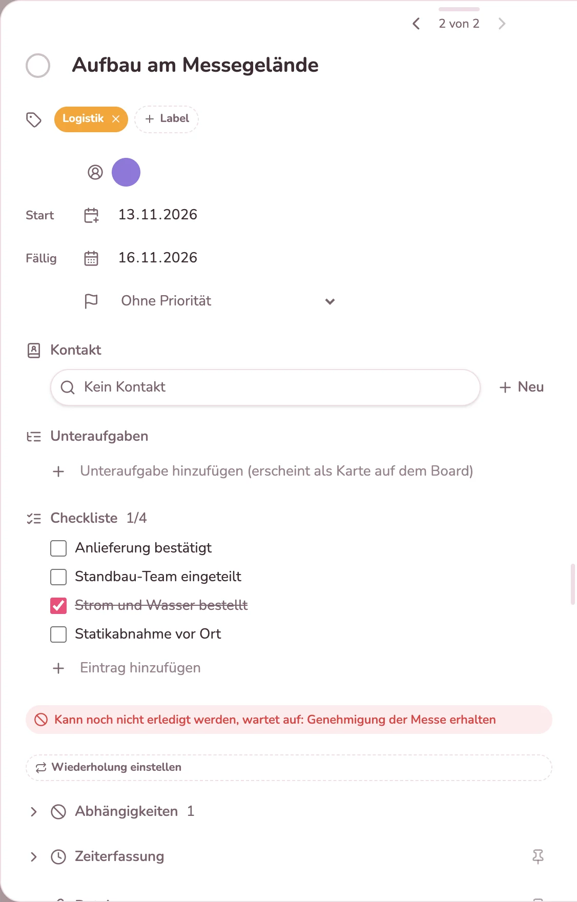 Karte des Aufbaus mit Checkliste und Hinweis auf die fehlende Genehmigung