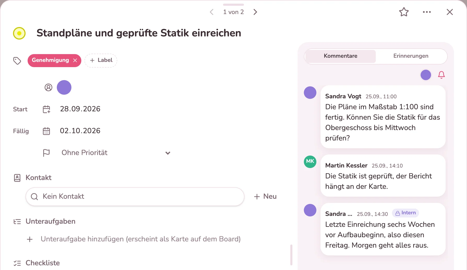 Karte der Standpläne mit Antwort des Statikers und interner Notiz