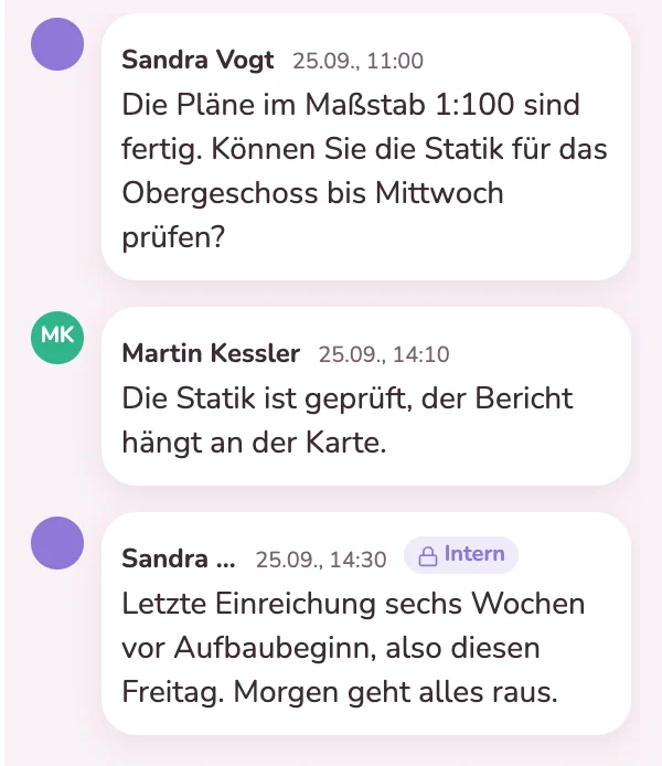 Abstimmung mit dem Statiker an der Karte der Standpläne, dazu eine interne Notiz