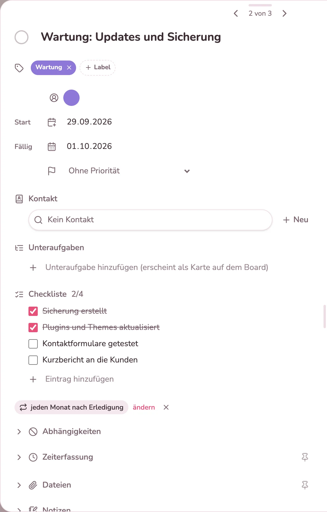 Karte der monatlichen Wartung mit Checkliste und Wiederholung