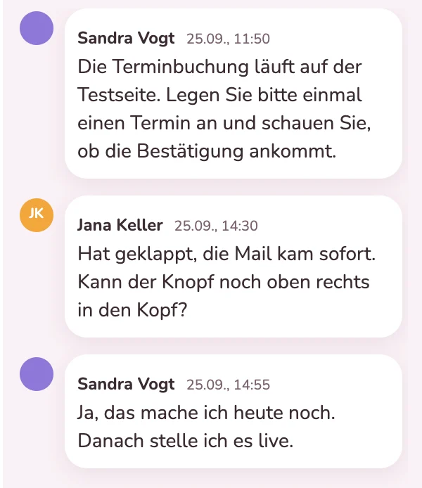 Rückmeldung einer Kundin an der Karte der Terminbuchung
