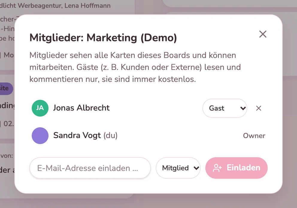 Mitglieder eines Boards: Jonas Albrecht als Gast, Sandra Vogt als Owner