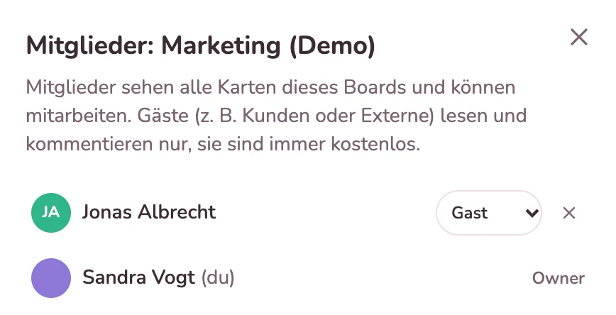 Mitgliederliste des Boards: Jonas Albrecht als Gast, Sandra Vogt als Owner