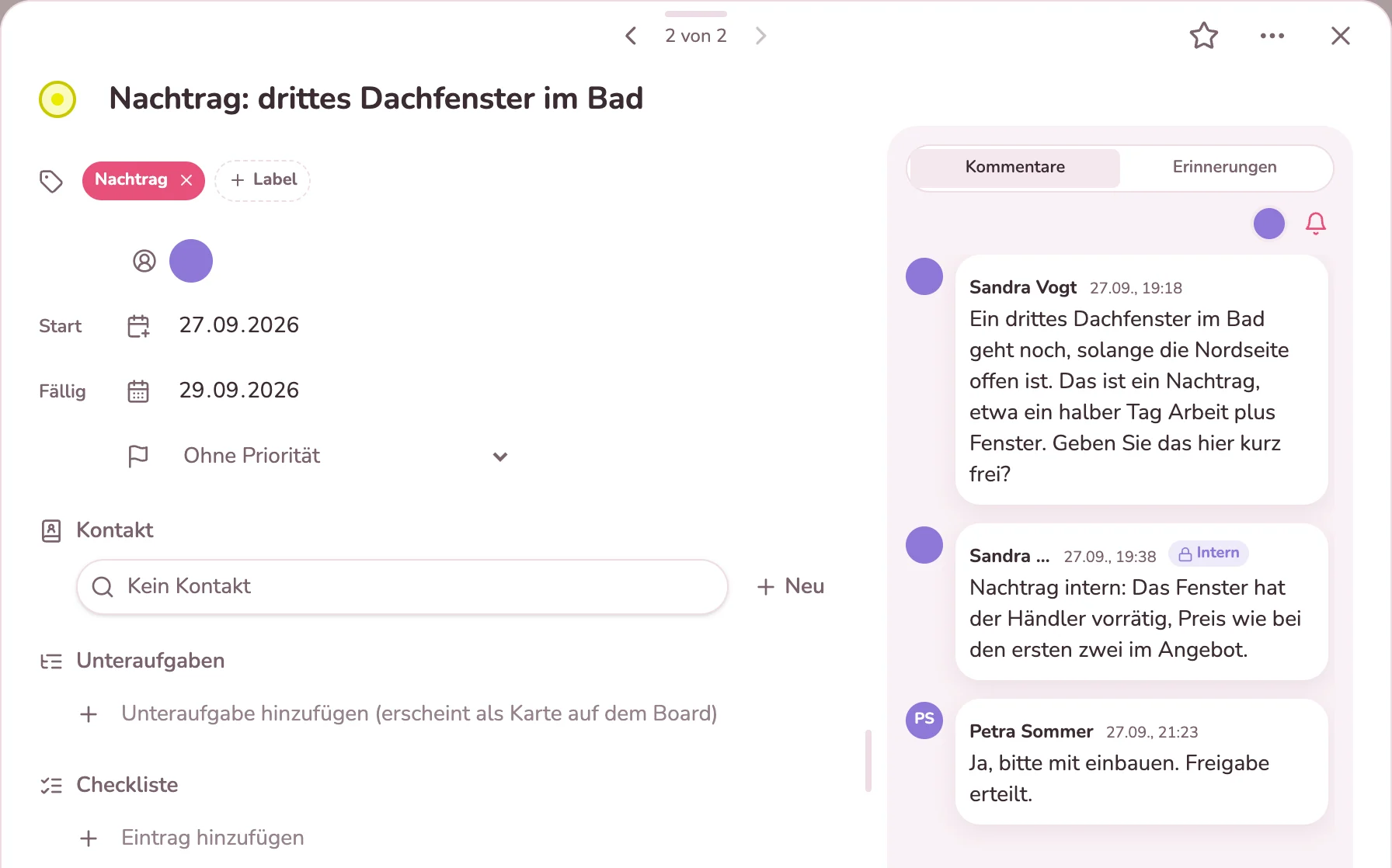 Karte mit Frage zum Nachtrag, interner Notiz und Freigabe