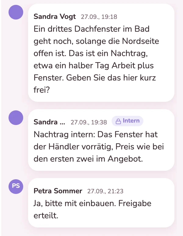 Frage zum Nachtrag, interne Notiz und Freigabe der Bauherrin an der Karte
