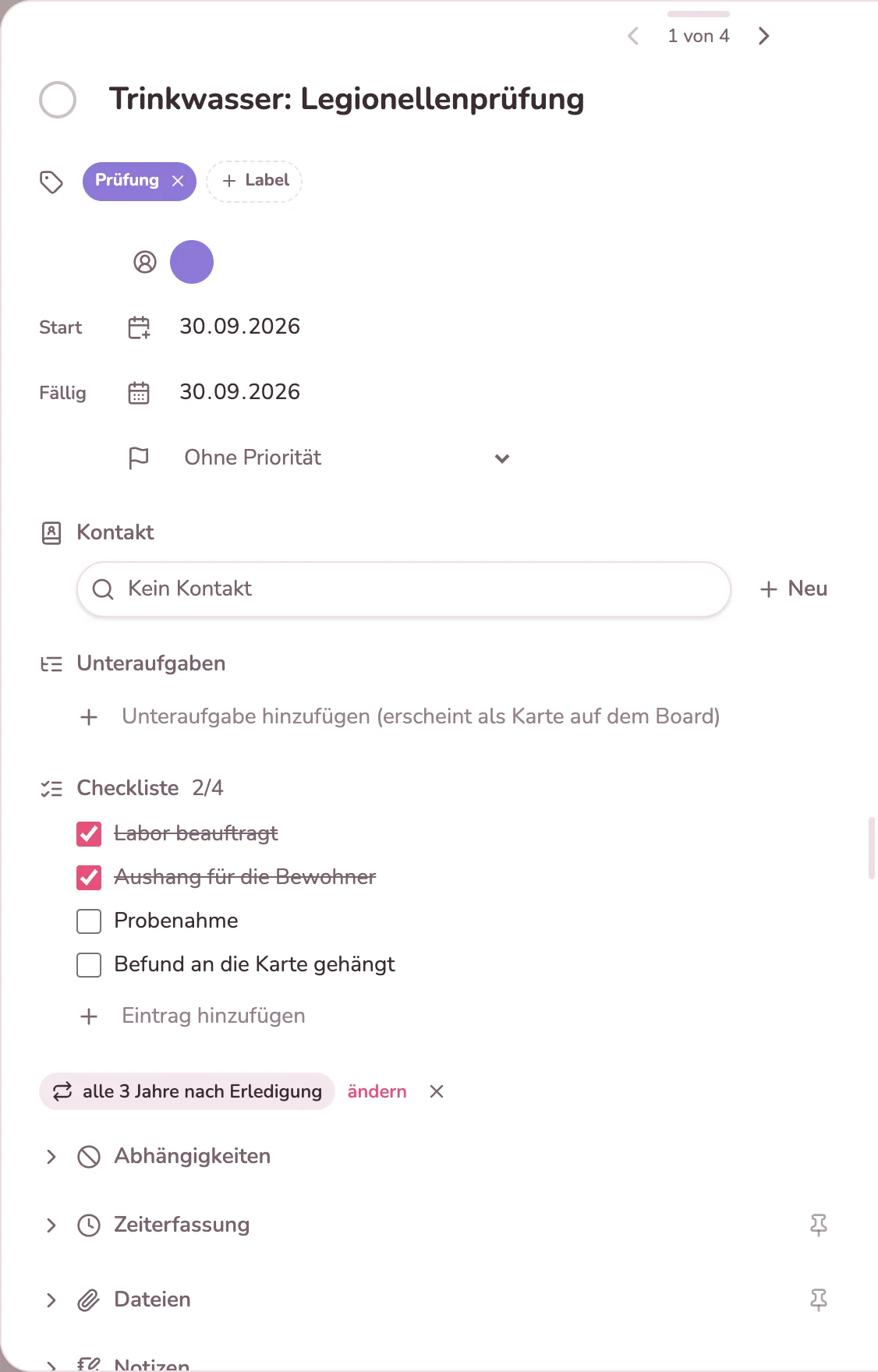 Karte der Legionellenprüfung mit Checkliste und Wiederholung alle drei Jahre