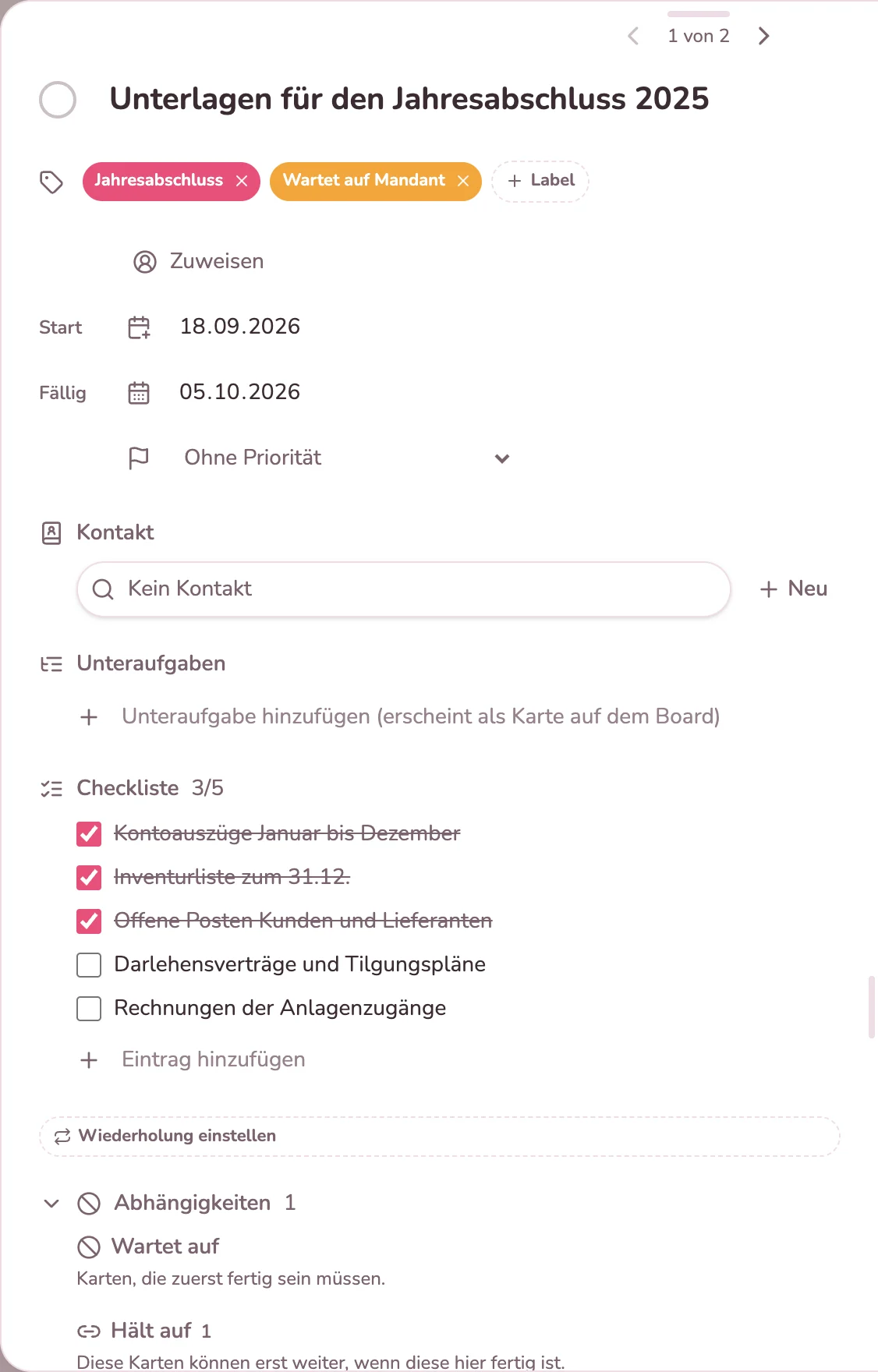 Karte mit Checkliste der Unterlagen und Abhängigkeit