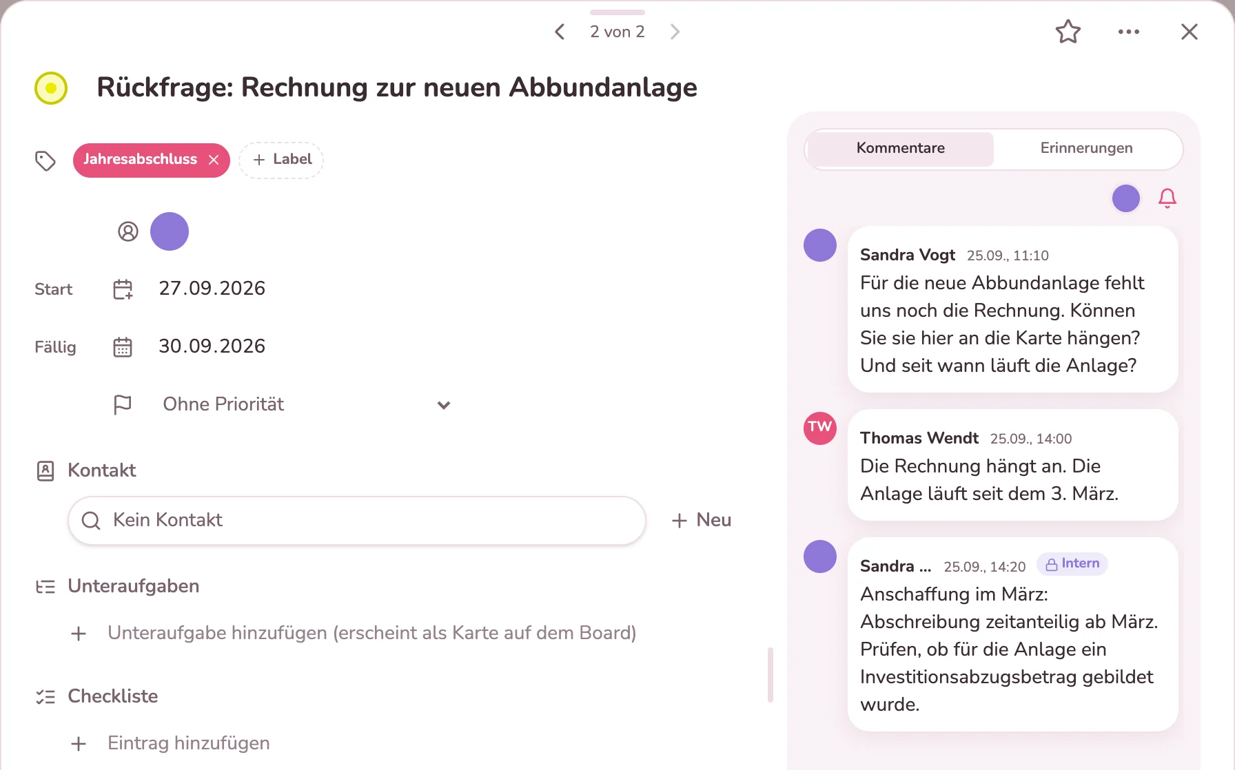 Karte mit Rückfrage, Antwort des Mandanten und interner Notiz