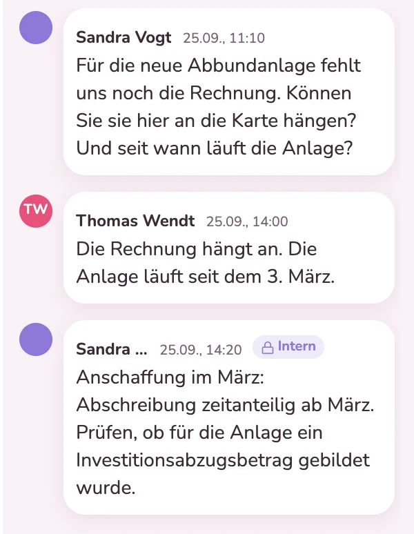 Rückfrage an den Mandanten, seine Antwort und eine interne Notiz an der Karte