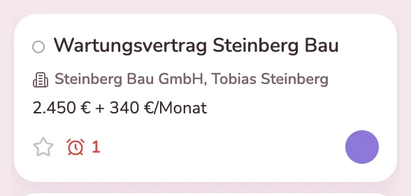 Verkaufschance „Wartungsvertrag Steinberg Bau" mit Kunde und Betrag