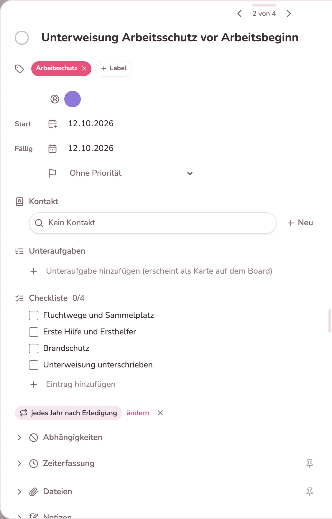 Karte der Unterweisung im Arbeitsschutz mit Checkliste und jährlicher Wiederholung