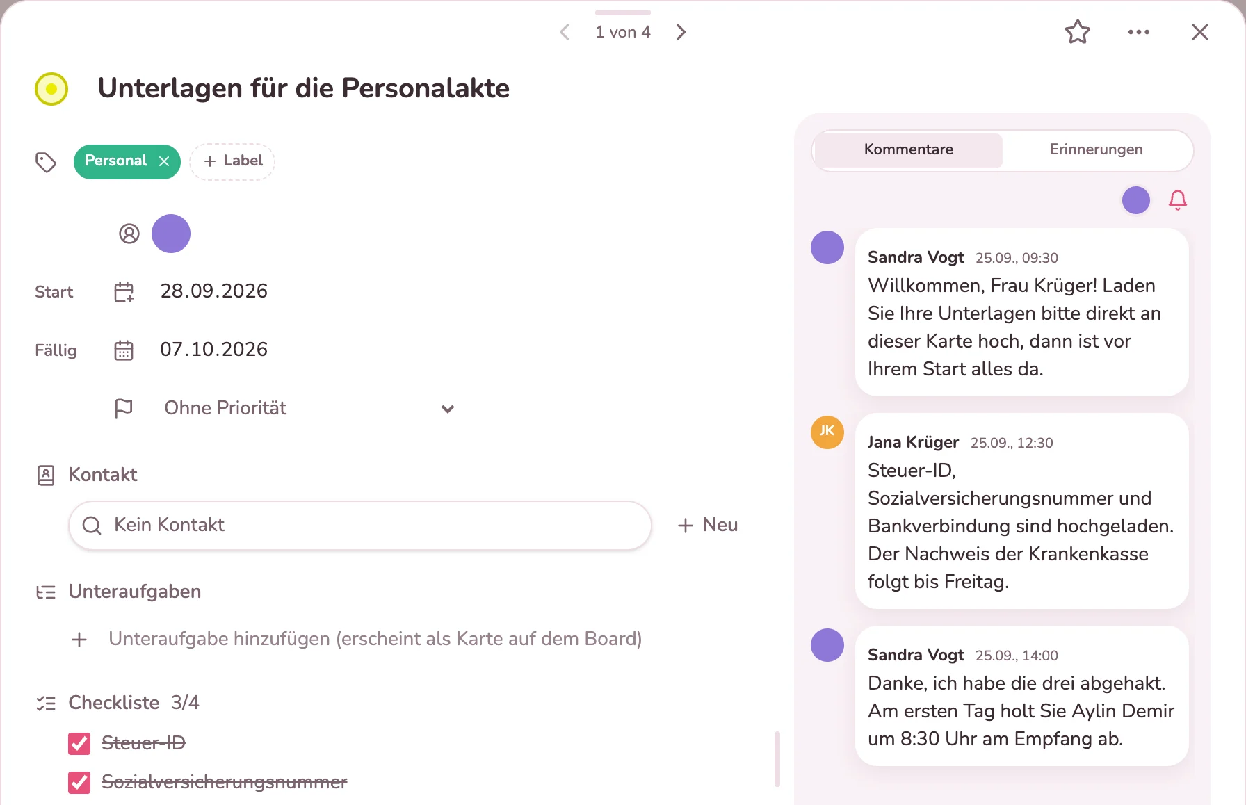 Karte der Unterlagen für die Personalakte mit Rückmeldung der neuen Kollegin