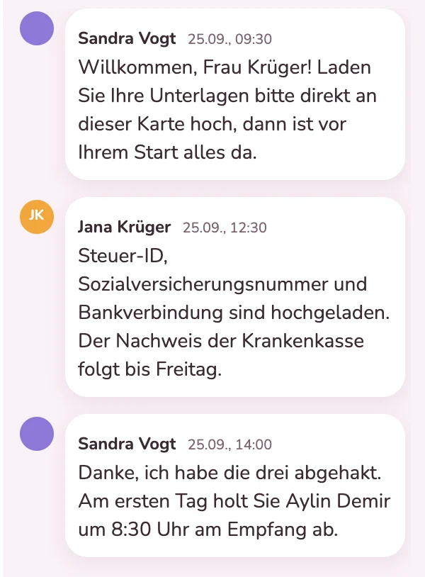 Die neue Kollegin liefert ihre Unterlagen vor dem ersten Arbeitstag an die Karte