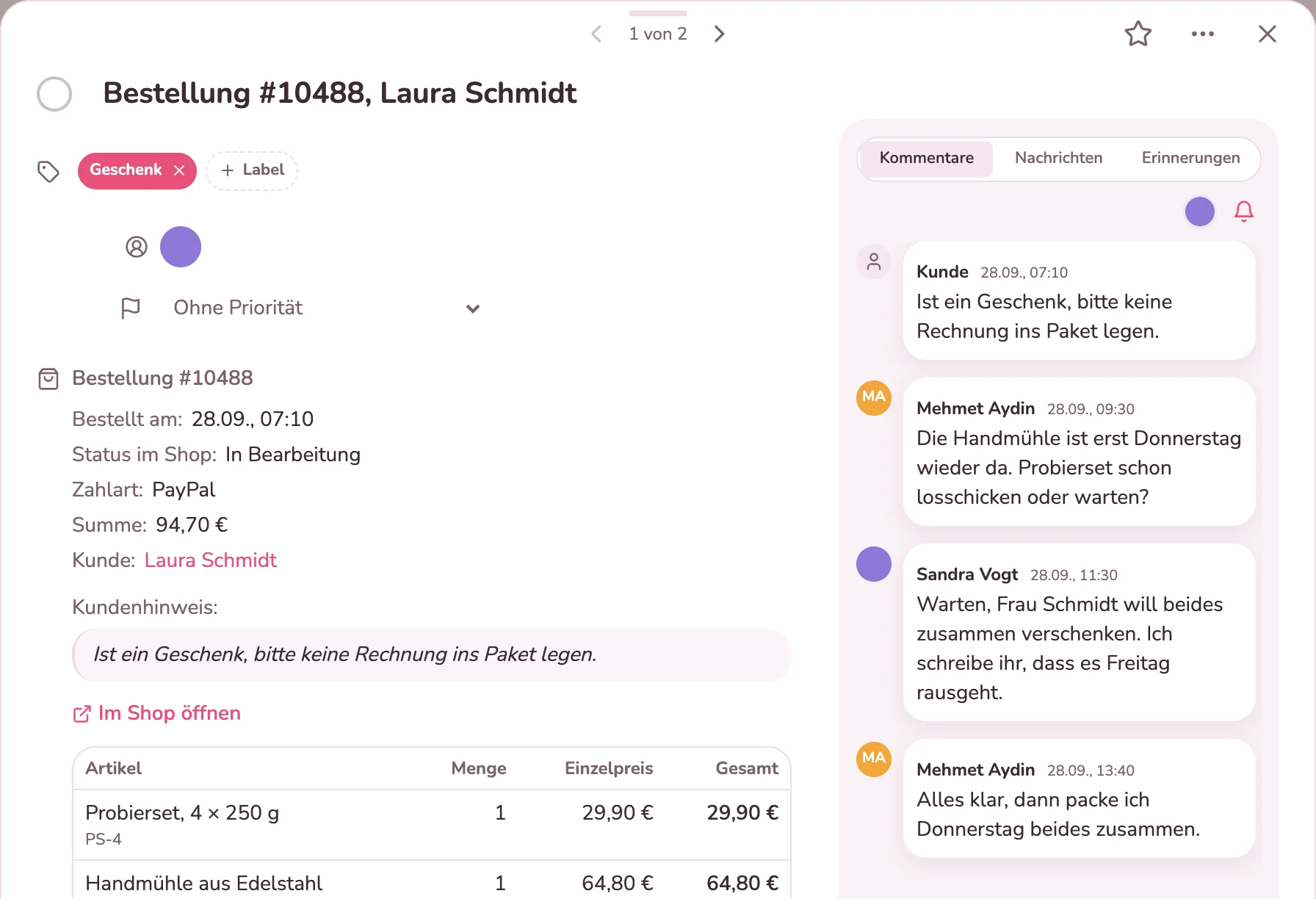 Bestellkarte mit Bestelldaten, Kundenhinweis, Positionen und Kommentaren