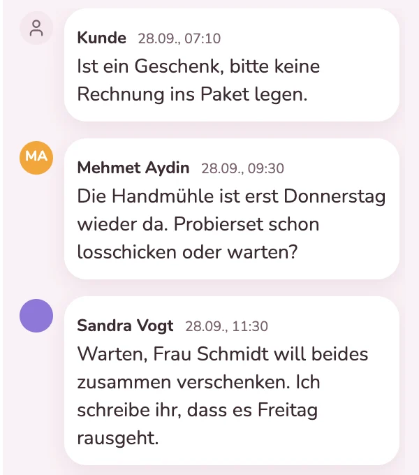 Kundenhinweis und Abstimmung im Team an einer Bestellkarte