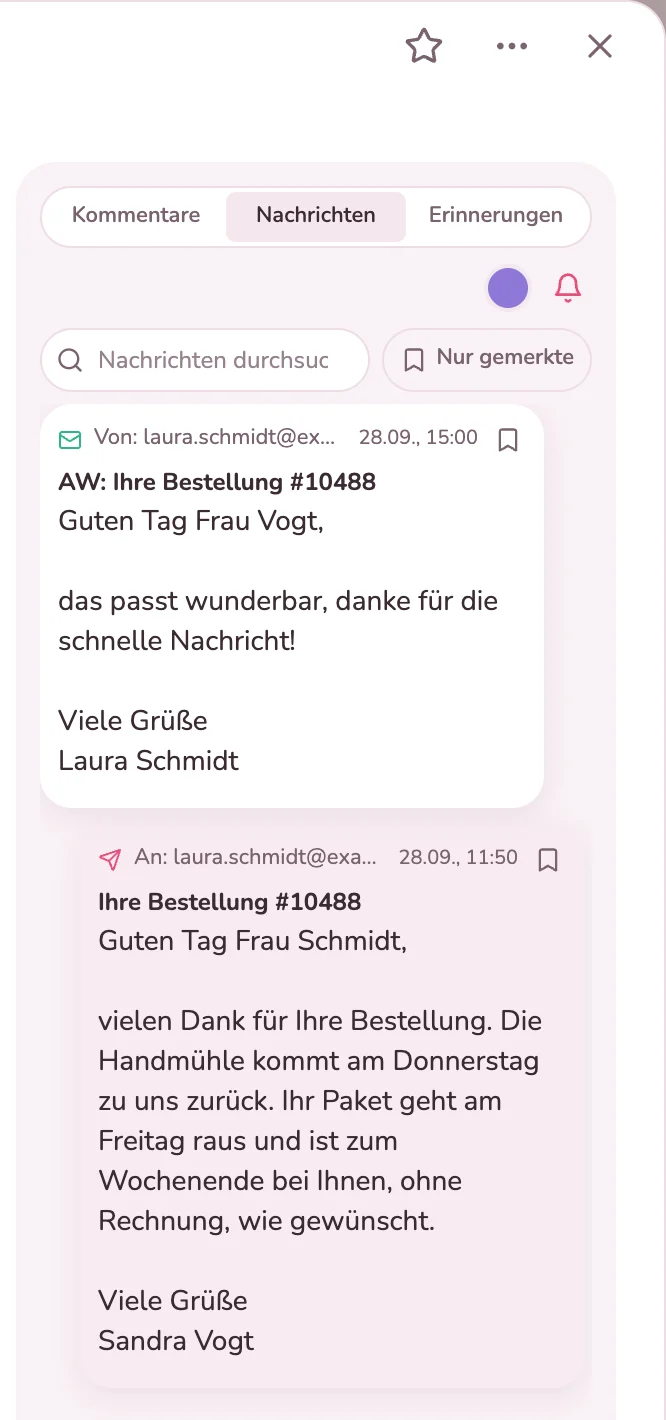 E-Mail an die Kundin und ihre Antwort im Reiter Nachrichten der Bestellkarte