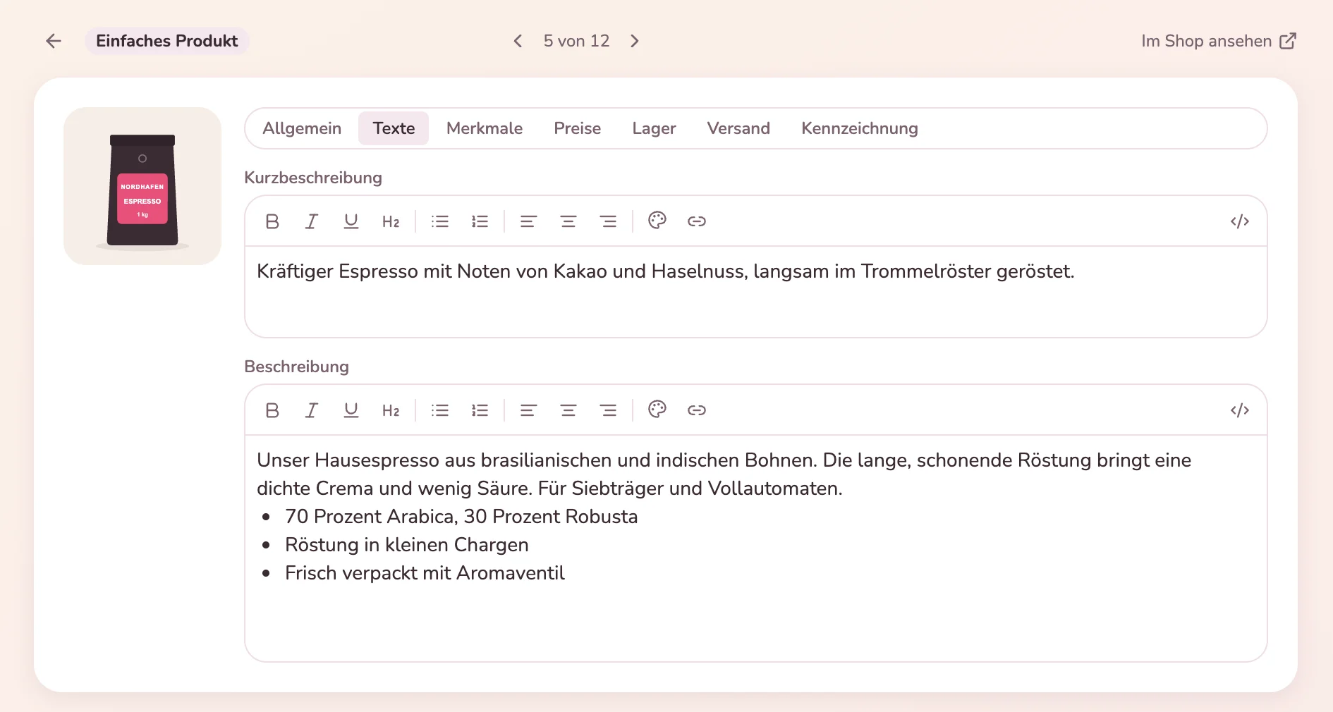 Produktansicht eines Espressos mit Bild, Reitern und bearbeitbarer Kurzbeschreibung und Beschreibung