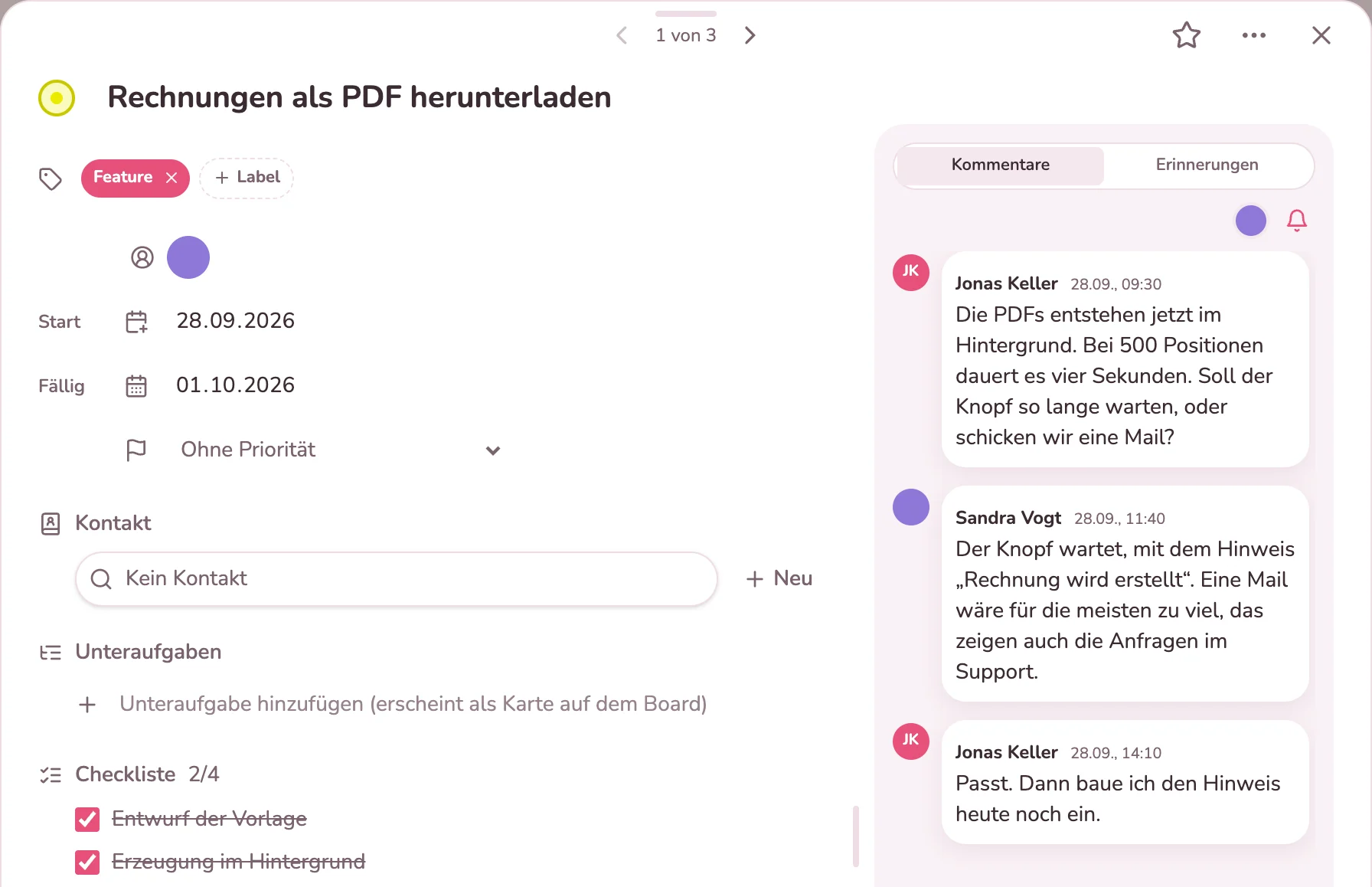 Karte „Rechnungen als PDF herunterladen“ mit Checkliste und Kommentaren