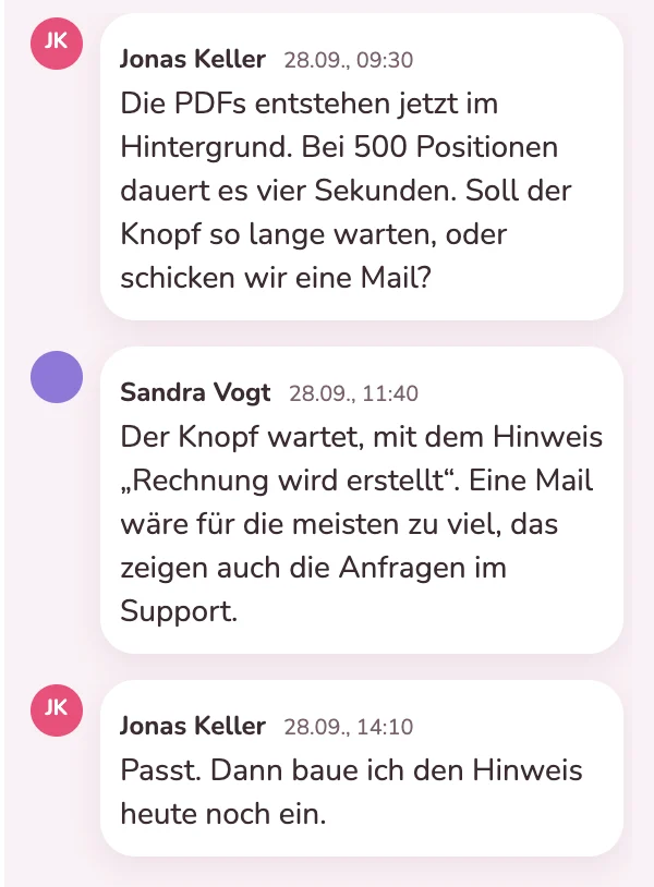 Entwickler und Produktverantwortliche klären an der Karte, wie sich der PDF-Export verhält