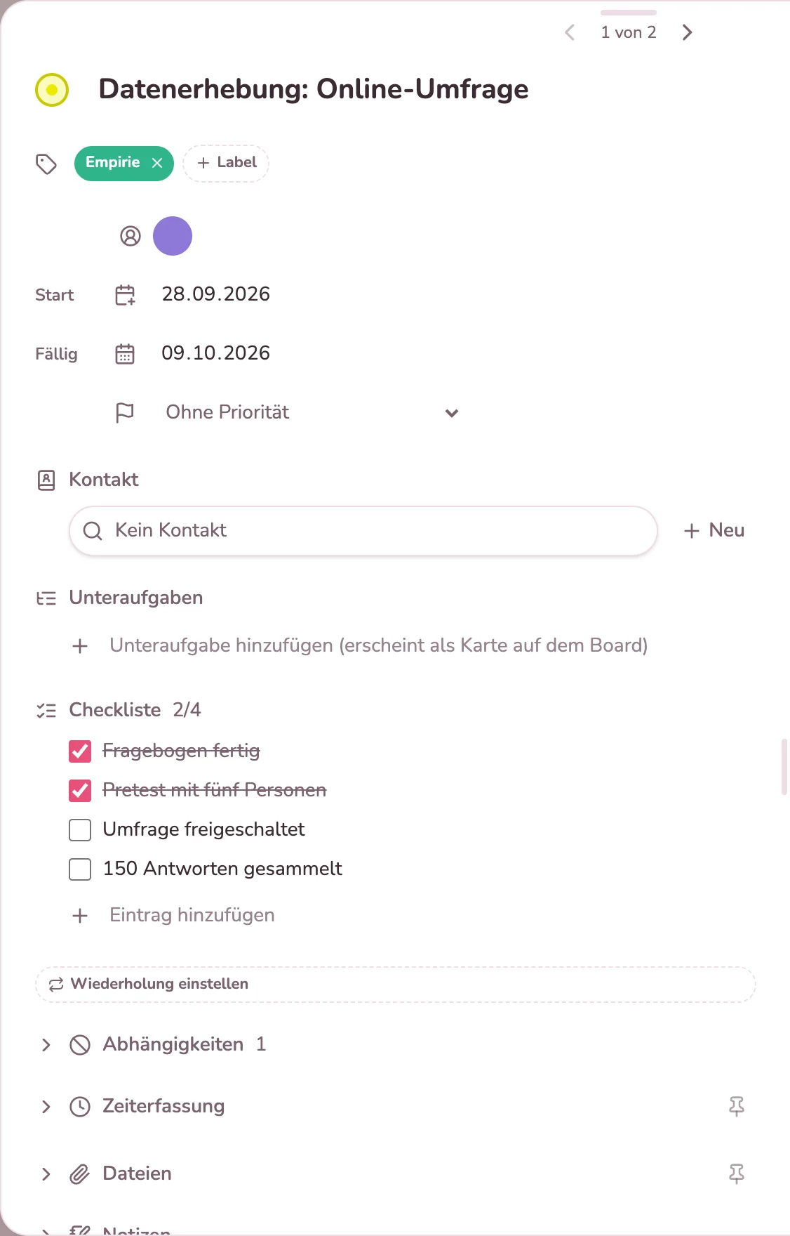 Karte der Datenerhebung mit Checkliste, zwei von vier Schritten erledigt