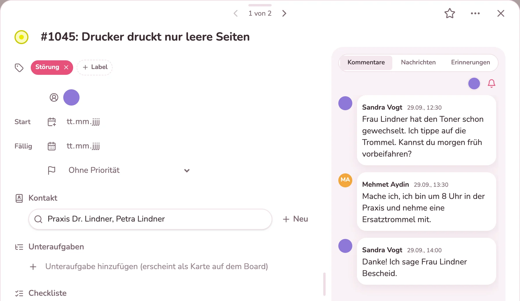 Anfrage mit Nummer, Kontakt des Kunden und Abstimmung im Team