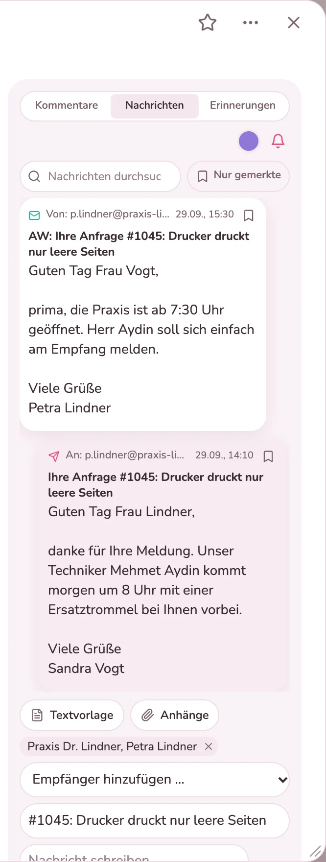 Antwort an die Kundin und ihre Rückmeldung im Reiter Nachrichten der Anfrage