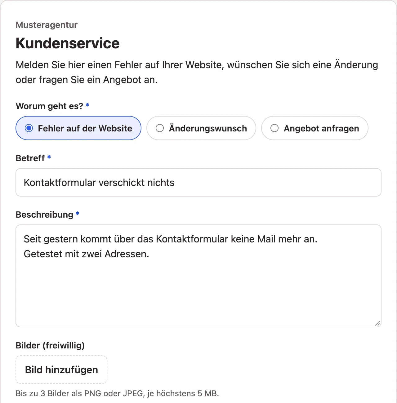 Öffentliches Formular mit Kategorie, Betreff und Beschreibung
