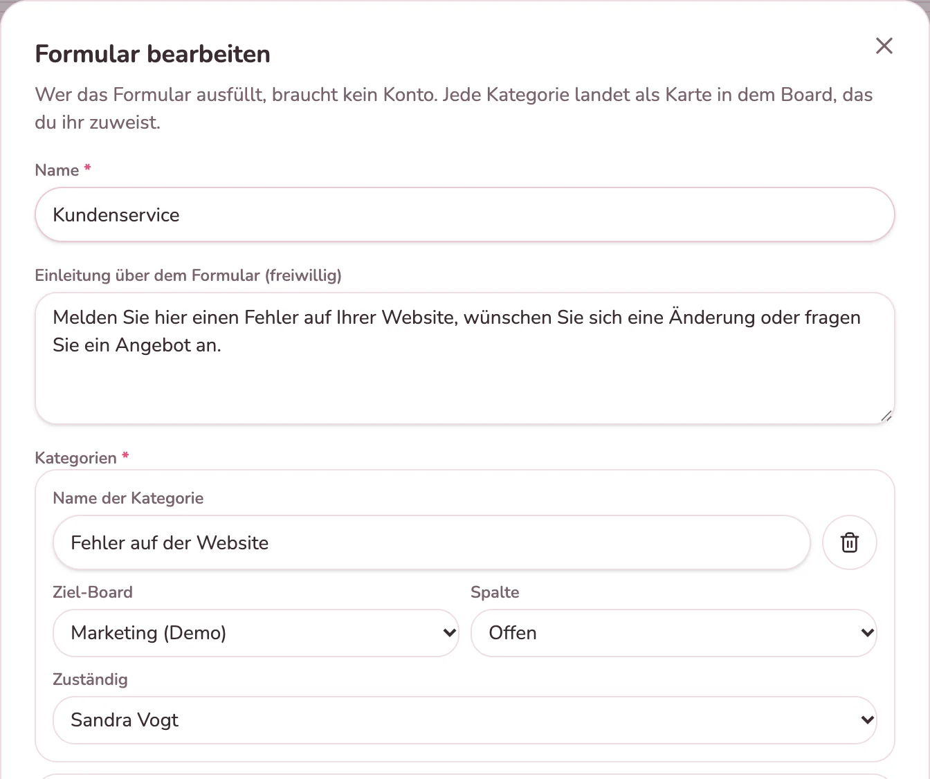 Formular bearbeiten mit Kategorie, Ziel-Board, Spalte und zuständiger Person