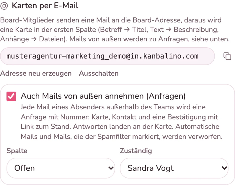 Board-Einstellung Karten per E-Mail mit dem Häkchen für Mails von außen, Spalte und zuständiger Person