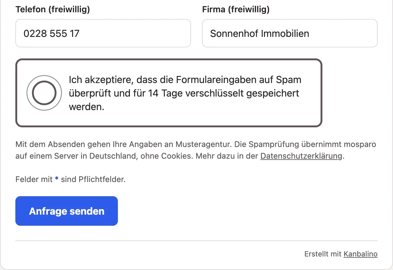 Spamprüfung mit mosparo und Hinweis zum Datenschutz unter dem Formular