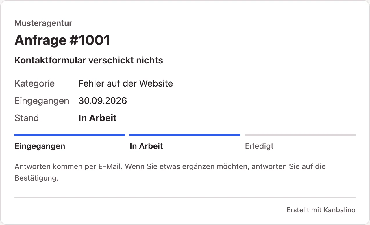Statusseite einer Anfrage mit Nummer, Kategorie, Eingangsdatum und Stand