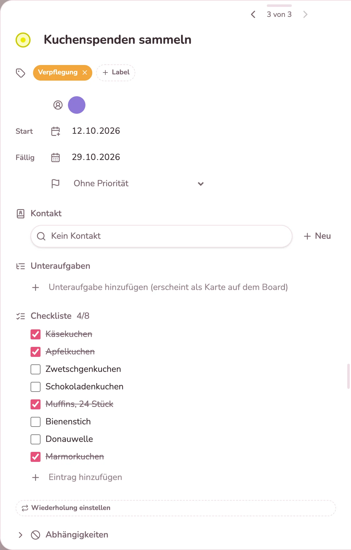 Karte der Kuchenspenden mit Checkliste, vier von acht Kuchen zugesagt