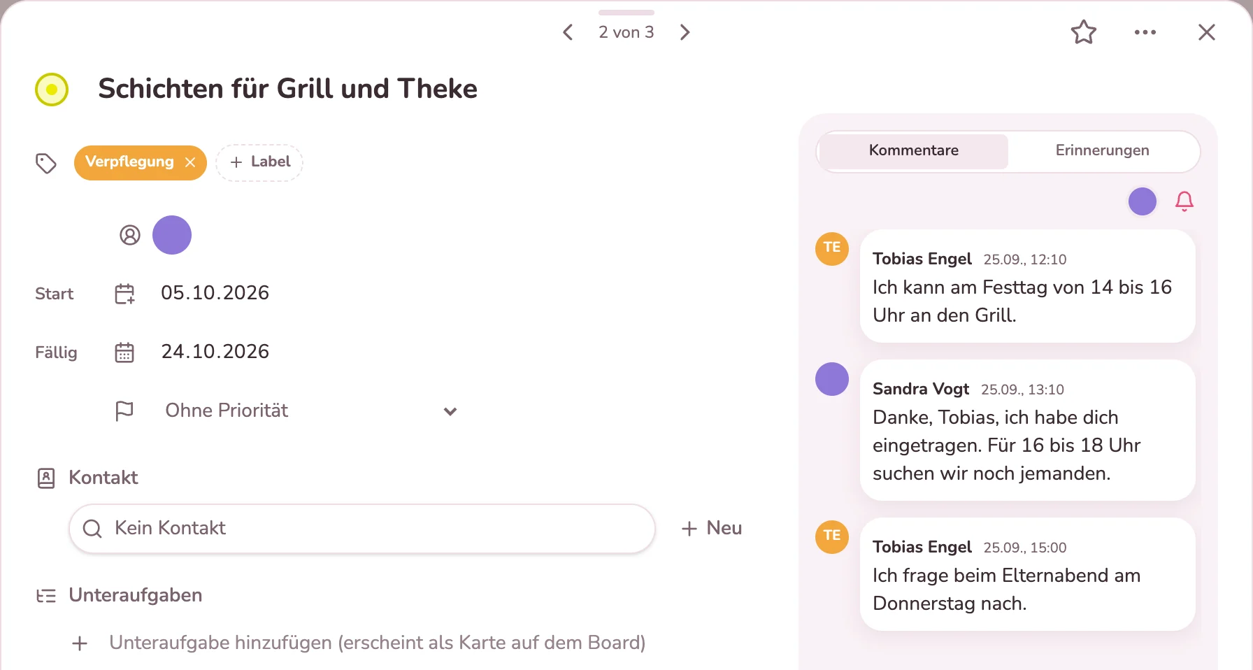 Karte der Schichten für Grill und Theke mit Rückmeldungen eines Helfers