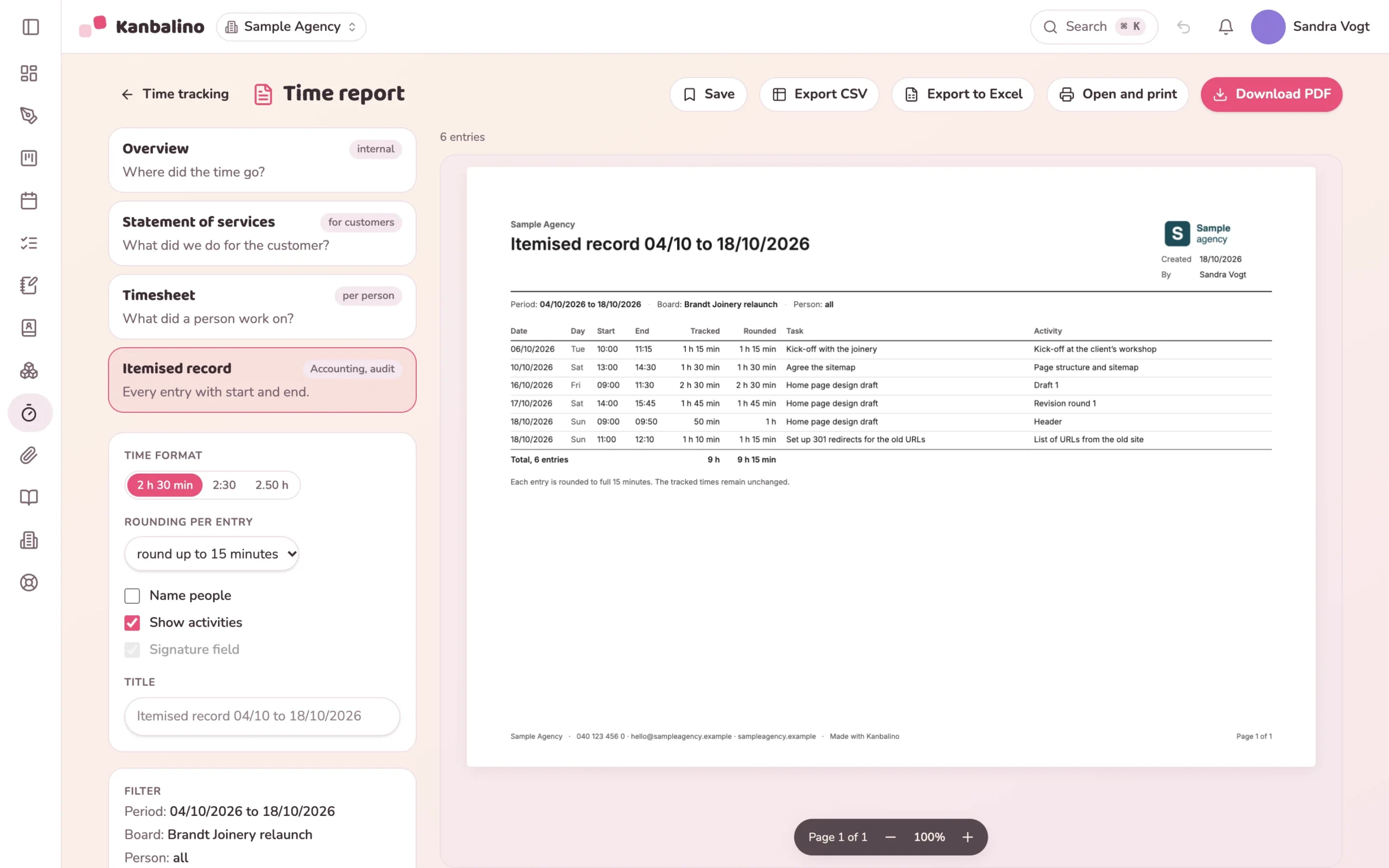 Itemised record in landscape format: every time entry with start and end