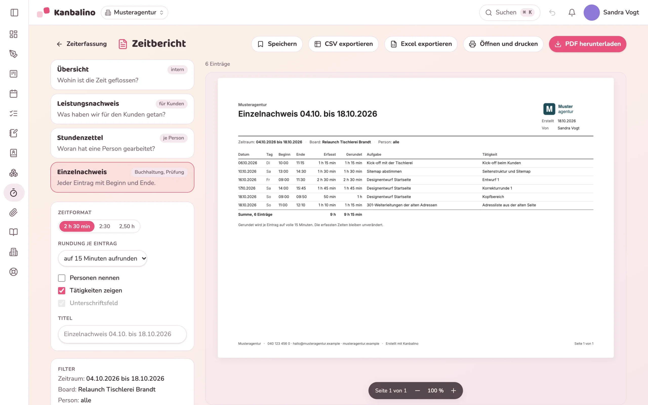Einzelnachweis im Querformat: jeder Zeiteintrag mit Beginn und Ende