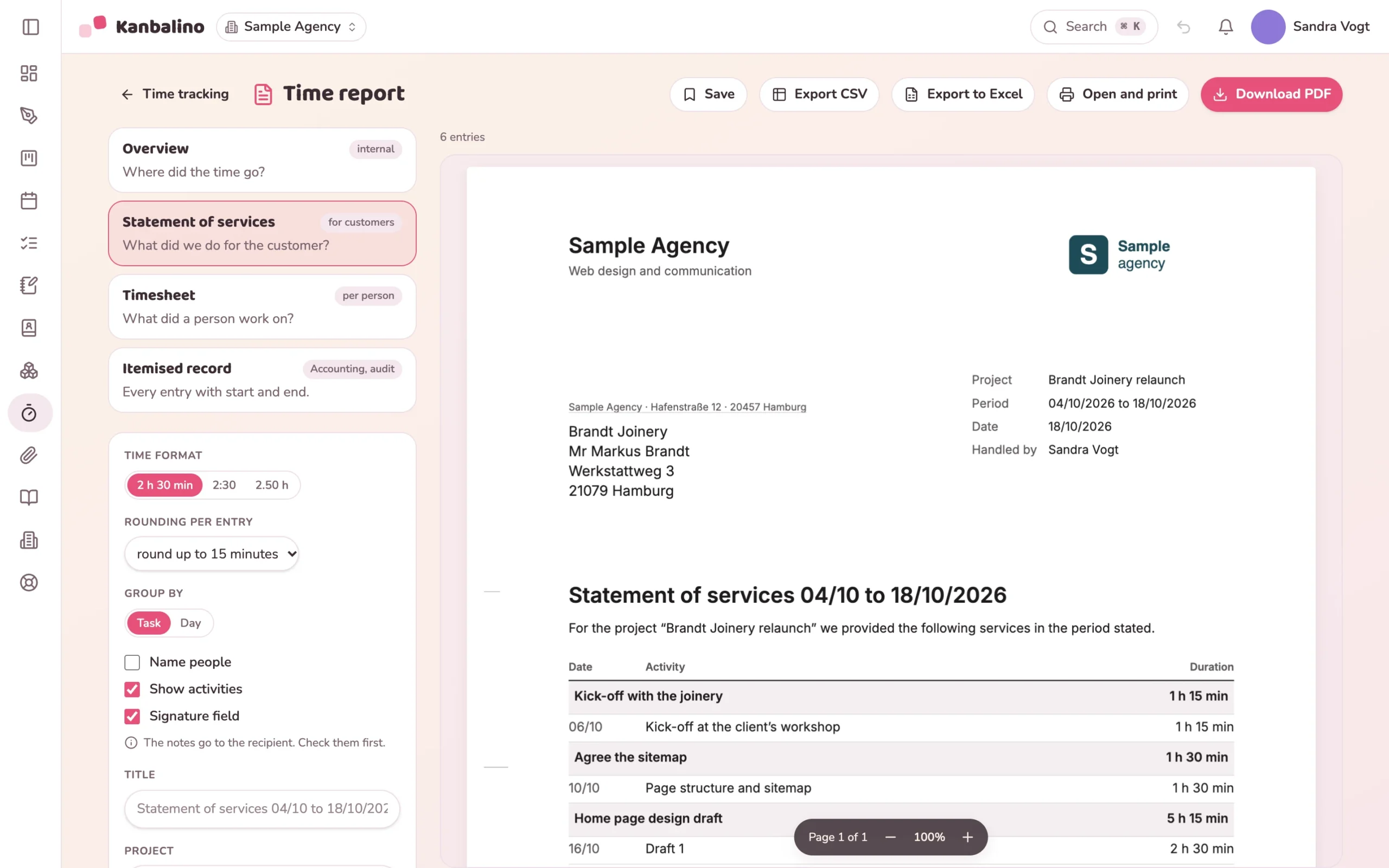 Statement of services as a letter with letterhead, services per task and a field for both signatures