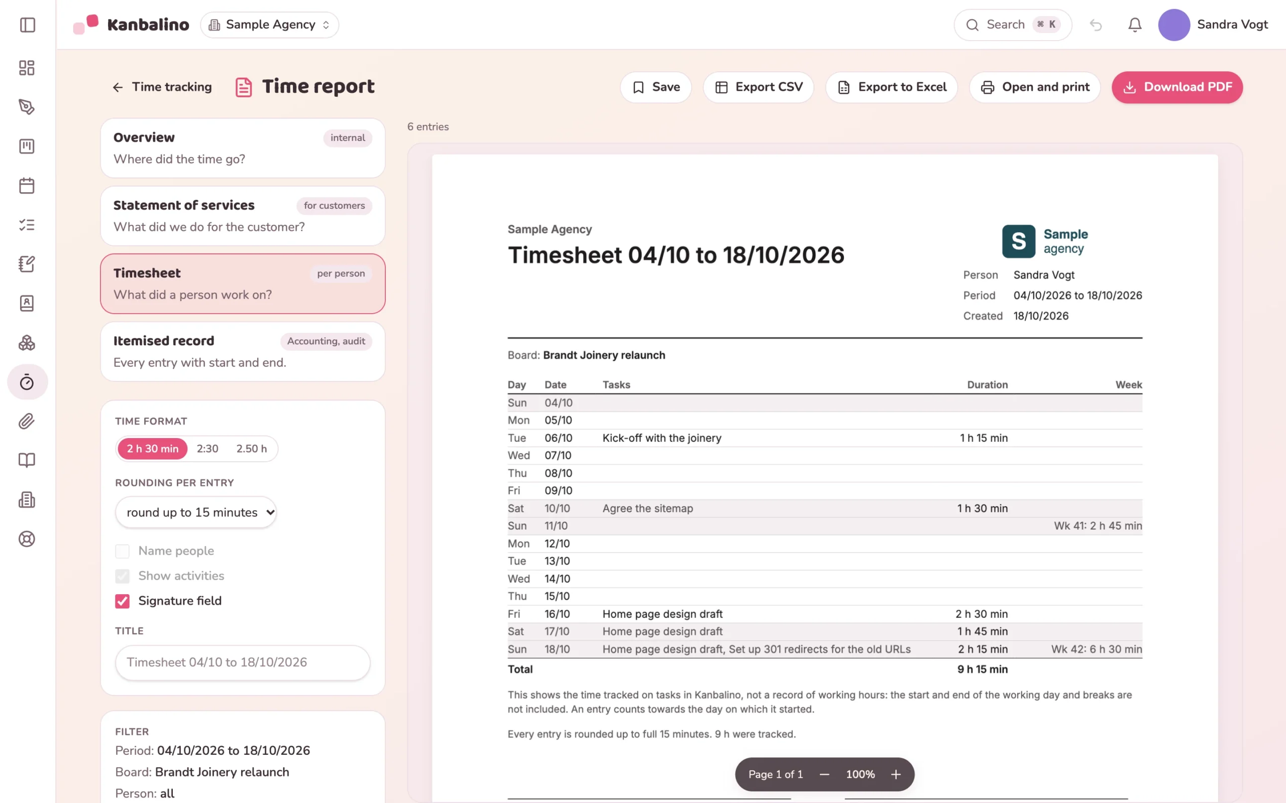Timesheet of one person: each day with tasks and duration, plus weekly totals