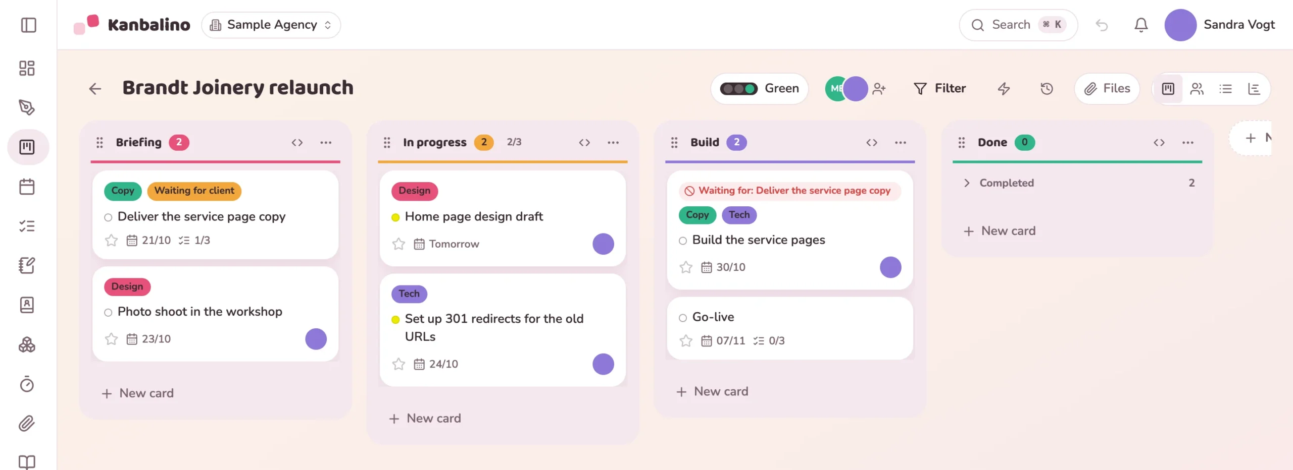 Board of a website relaunch with tasks, labels and a dependency