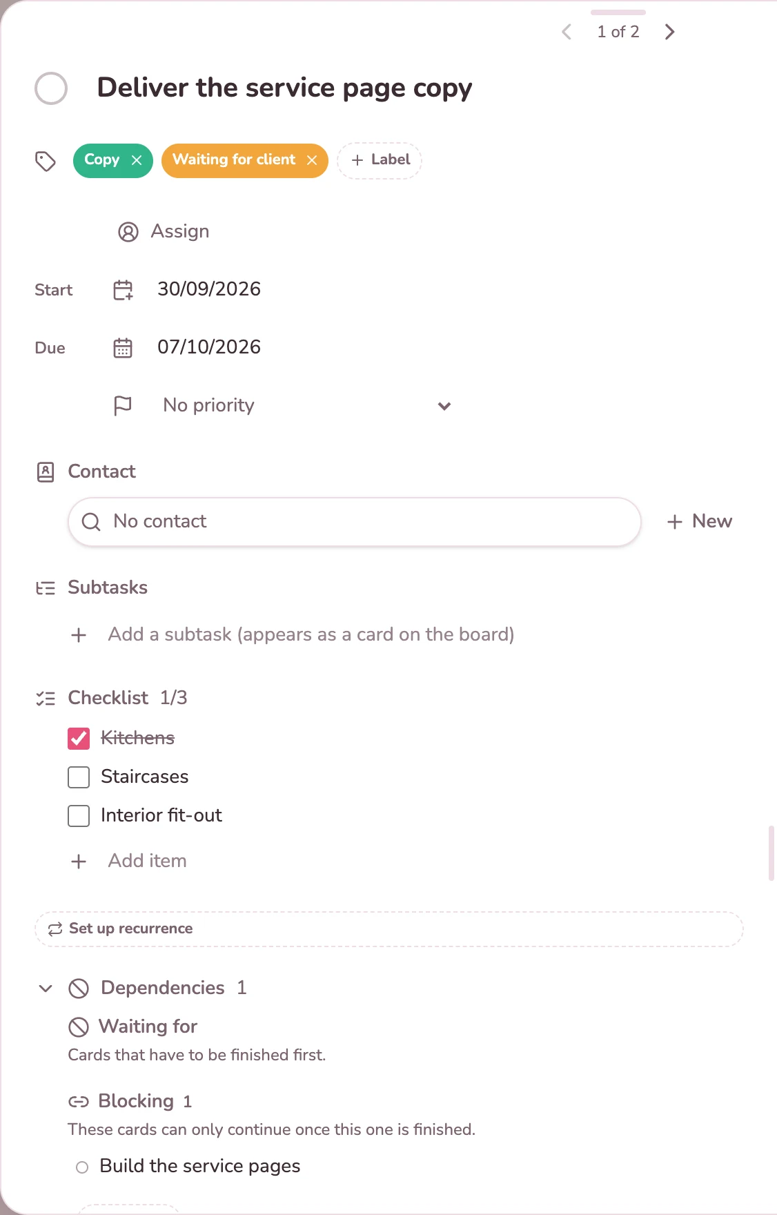 Card with a checklist, a label and a dependency
