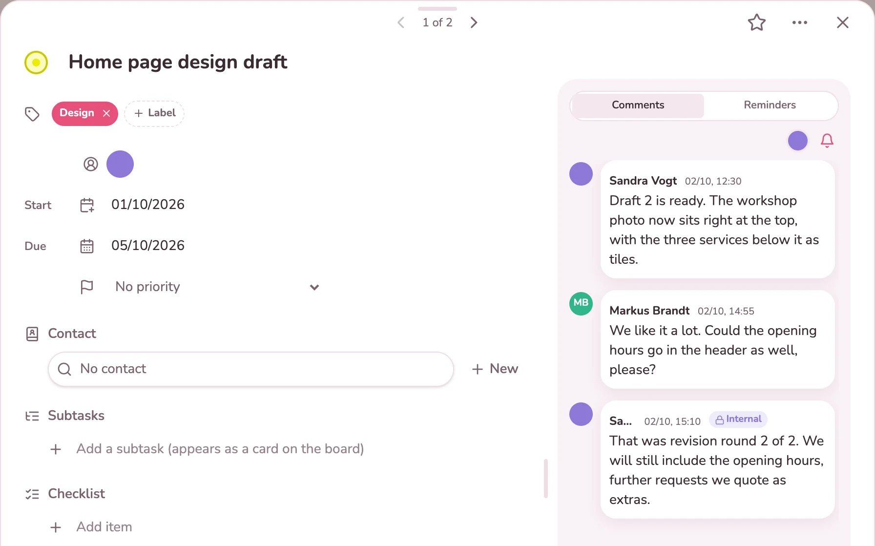 Card with the client’s feedback and an internal note