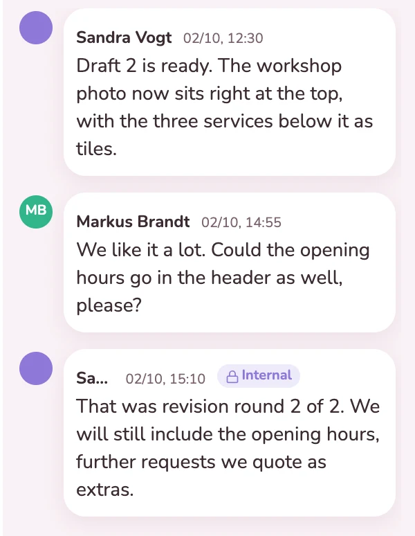 The client’s feedback and an internal note on the card