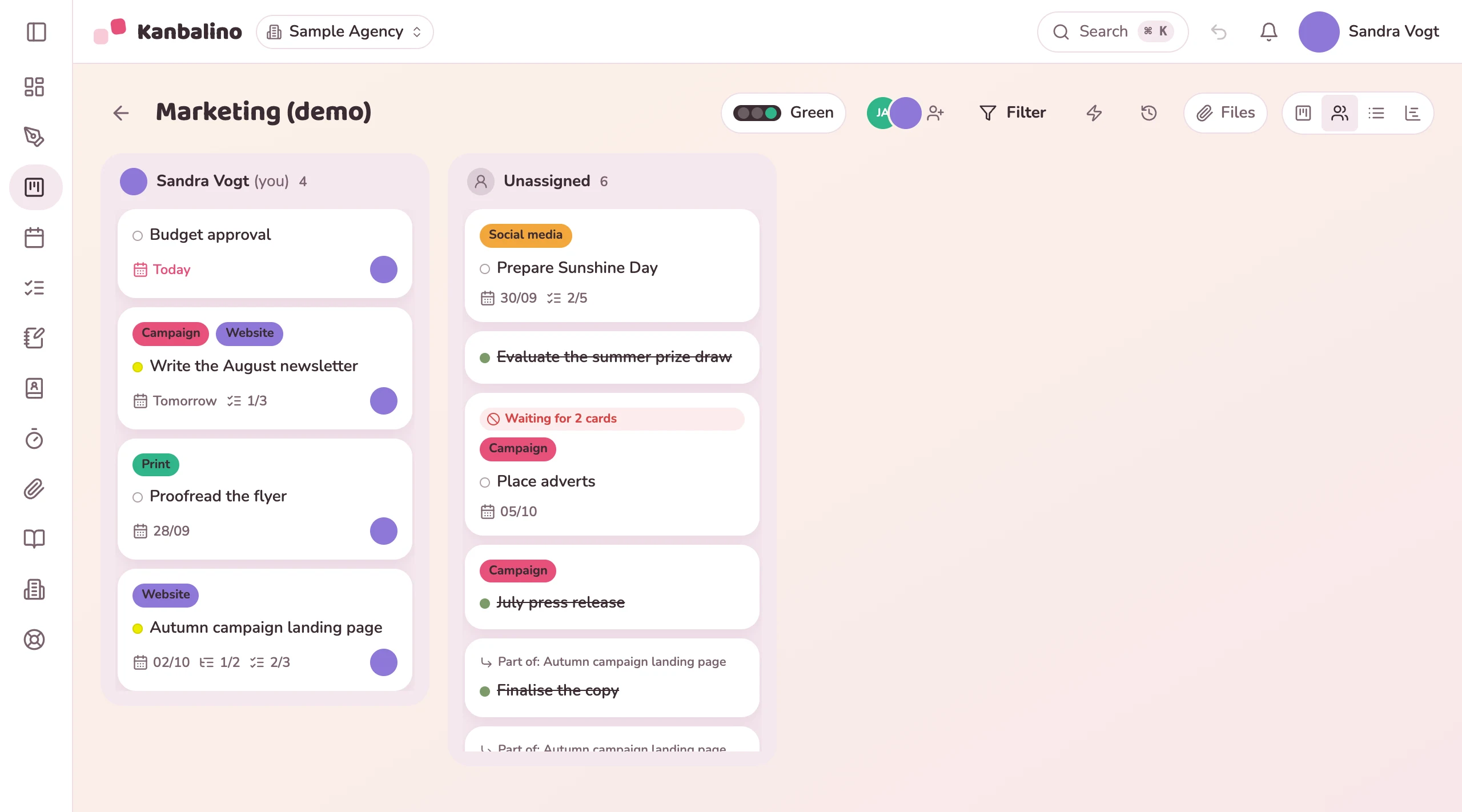 The same board in the view by person: one column per person, plus “Unassigned”